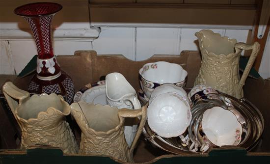 3 wood and Brownfield jugs, teaset, Bohemian glass vase & silver photo frame